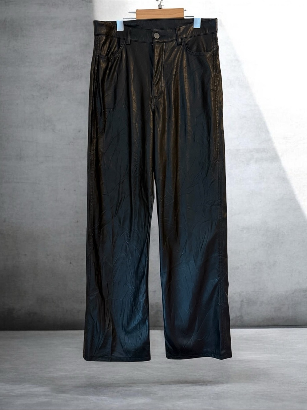 Garage Black Faux Leather Wide Leg Pants Y2K High Rise Vegan Leather Trousers